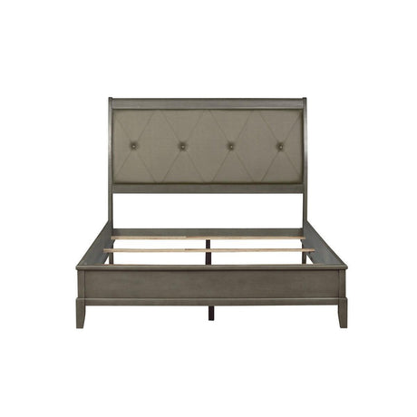 Cotterill Gray Birch Veneer Faux Leather Tufted King Panel Bed side angle