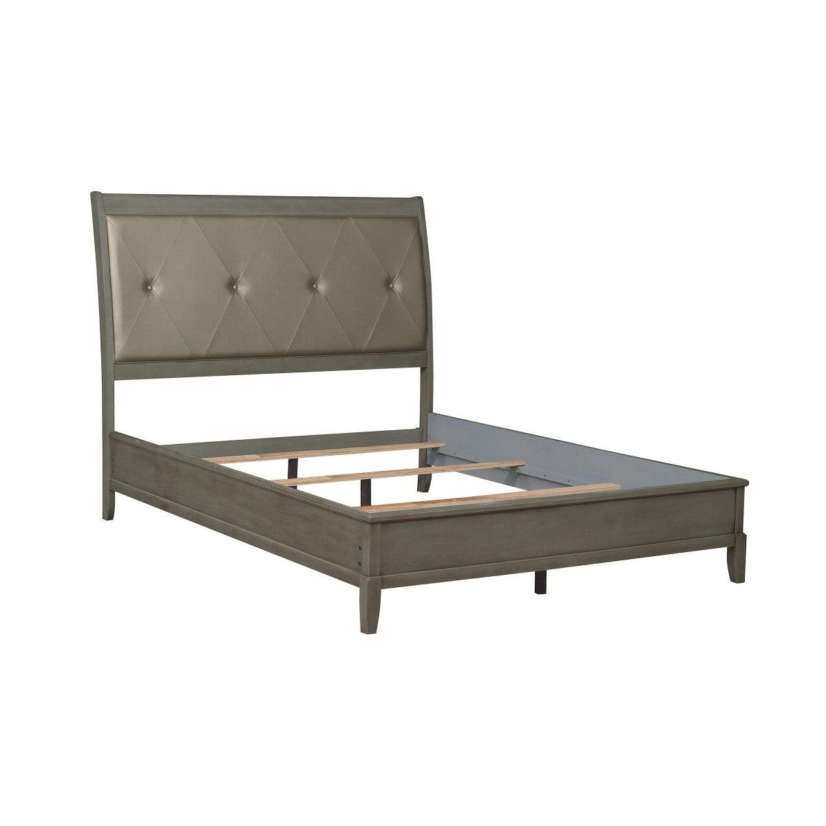 Cotterill Gray Birch Veneer Faux Leather Tufted King Panel Bed angled side view