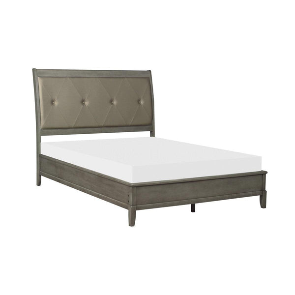 Cotterill Gray Birch Veneer Faux Leather Tufted King Panel Bed detailed headboard close-up
