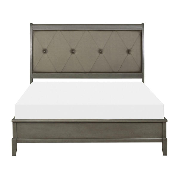 Cotterill Gray Birch Veneer Faux Leather Tufted King Panel Bed front view