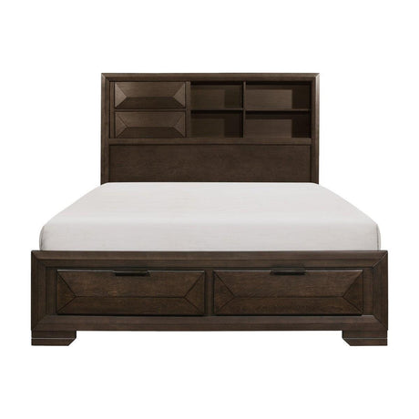 Chesky Warm Espresso King Platform Bed front view showing bookcase headboard