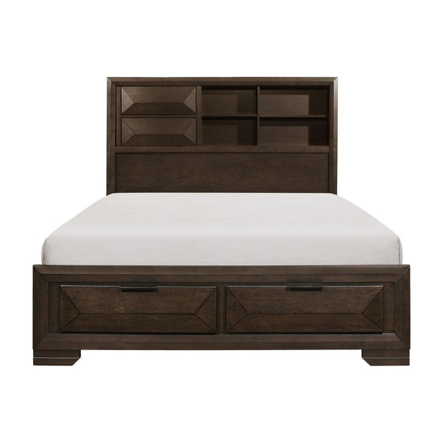 Chesky Warm Espresso King Platform Bed front view showing bookcase headboard