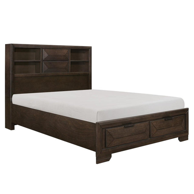 Side angle of Chesky Queen Platform Bed with bookcase headboard shelves
