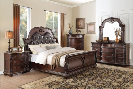 Frontal view of Cavalier Dark Cherry tufted faux leather sleigh bed