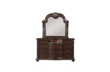 Front view close-up of dark cherry sleigh bed's tufted headboard
