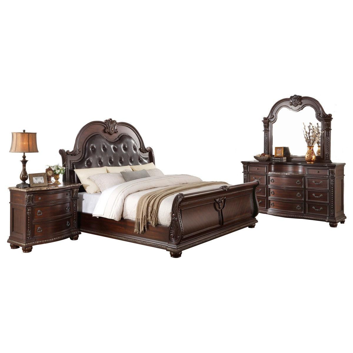 Close-up of tufted faux leather headboard on Cavalier dark cherry king sleigh bed