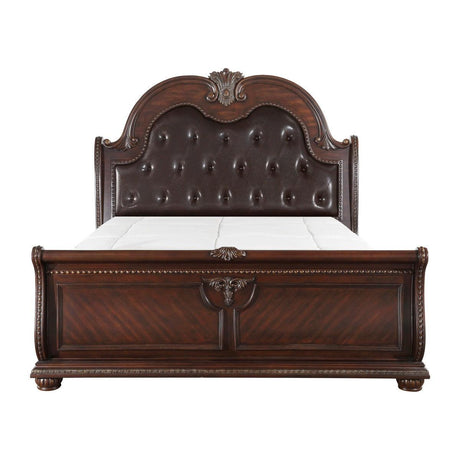 Front view of Cavalier dark cherry king sleigh bed with tufted faux leather headboard