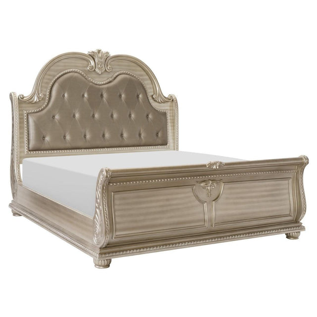Silver finish King Sleigh Bed angled view showcasing tufted headboard