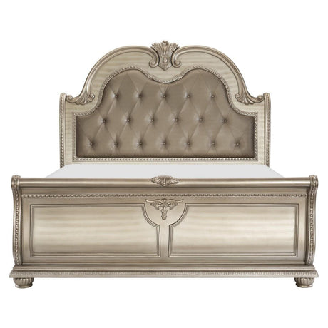 Cavalier Silver Faux Leather Tufted Queen Sleigh Bed front view