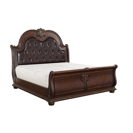 Side angle of Cavalier dark cherry king sleigh bed showing wood and upholstery details