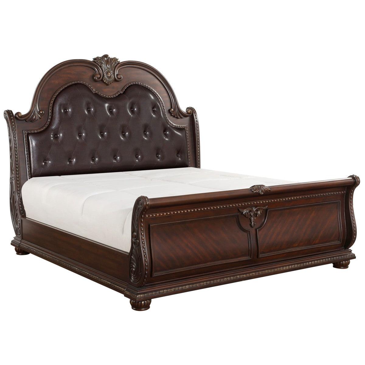 Detail of button-tufted faux leather headboard on Queen sleigh bed