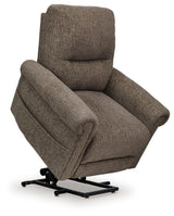Angled front view of Aureta Earth Fabric power lift recliner