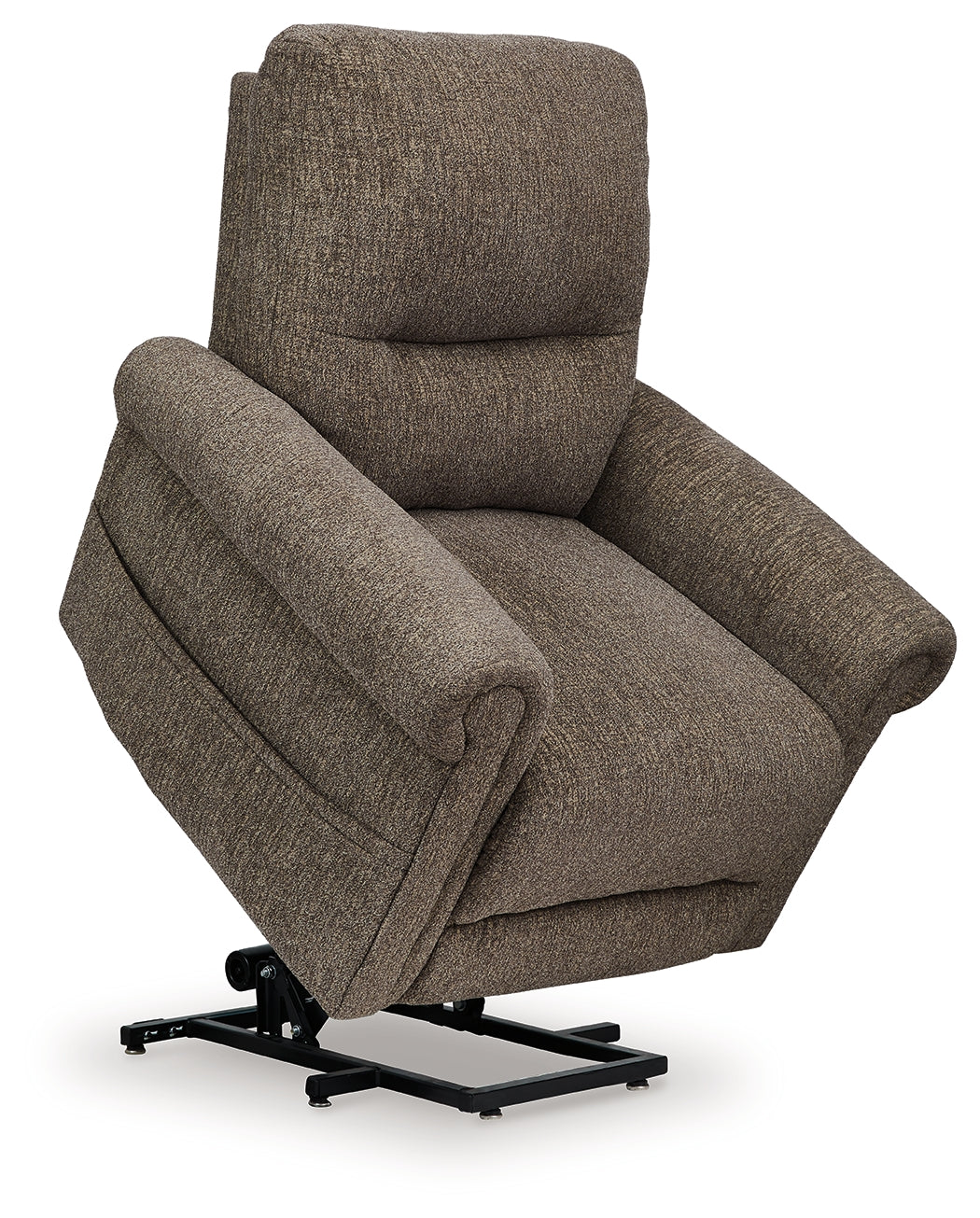 Angled front view of Aureta Earth Fabric power lift recliner
