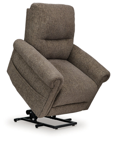 Angled front view of Aureta Earth Fabric power lift recliner