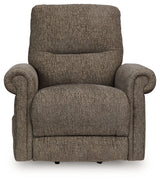 Reclining position view of Aureta Earth chenille power lift recliner
