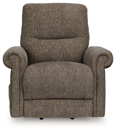 Reclining position view of Aureta Earth chenille power lift recliner
