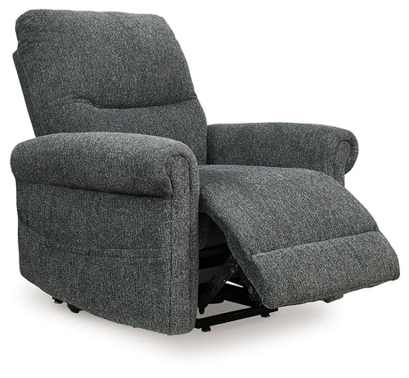 Side view of Aureta Charcoal Chenille Power Lift Recliner