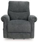 Reclined position of Aureta Charcoal Chenille Power Lift Recliner