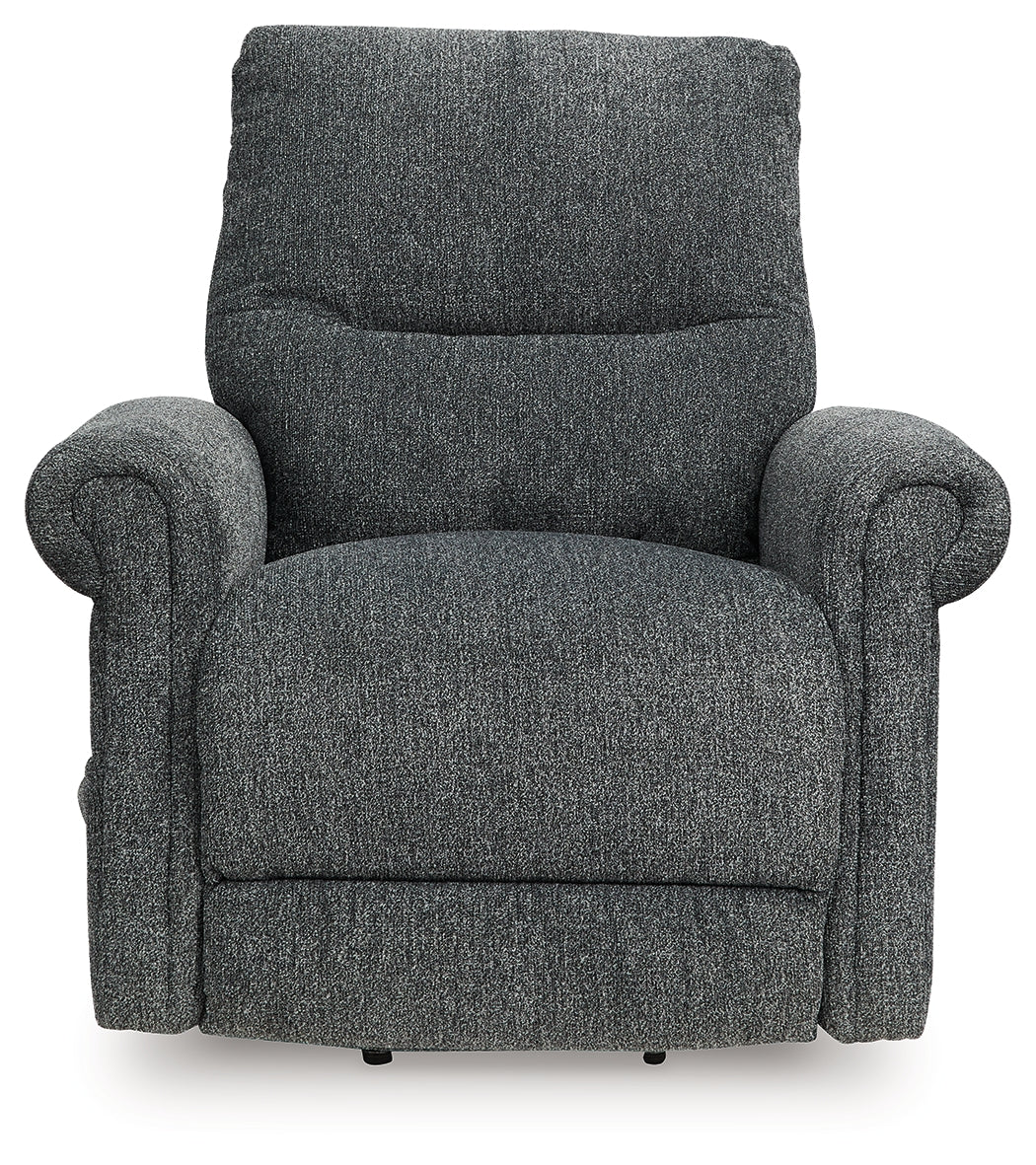 Reclined position of Aureta Charcoal Chenille Power Lift Recliner
