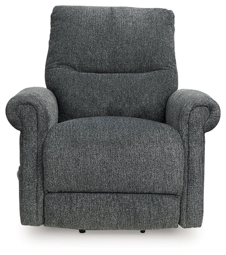 Reclined position of Aureta Charcoal Chenille Power Lift Recliner
