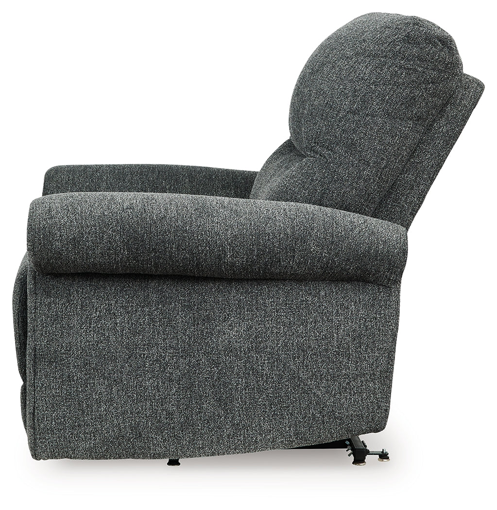 Alternate side view of Aureta Charcoal Chenille Recliner