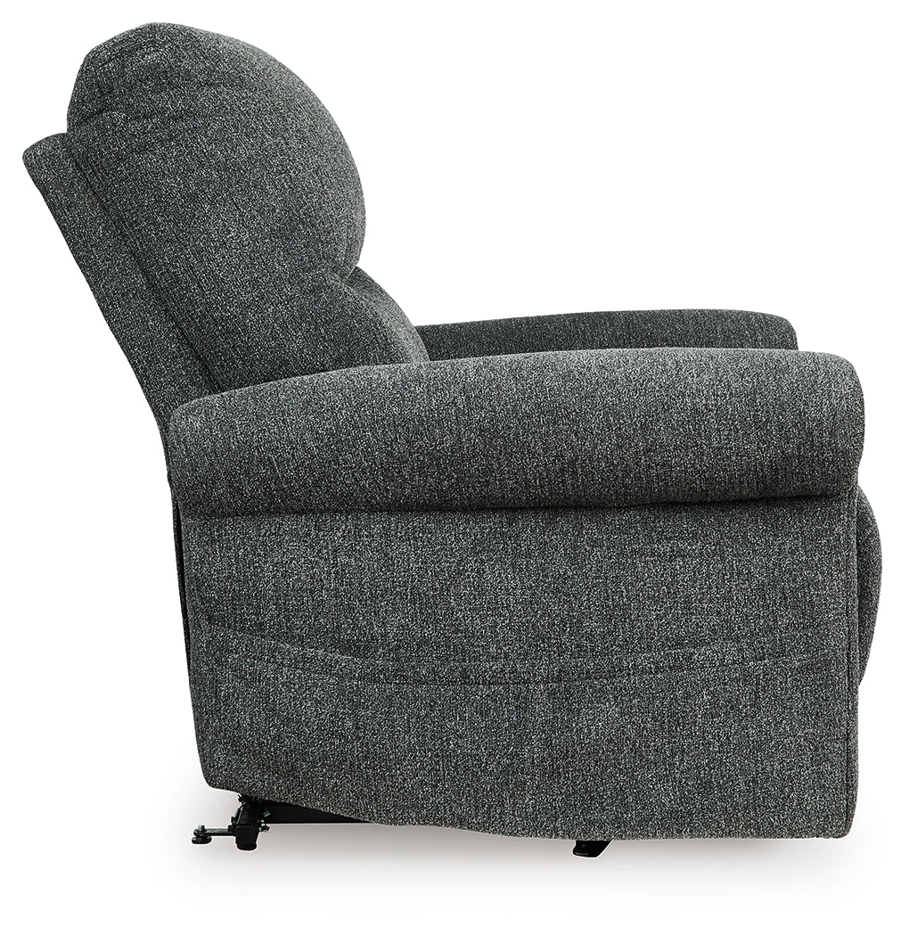 Side angle of Aureta Charcoal Chenille Recliner