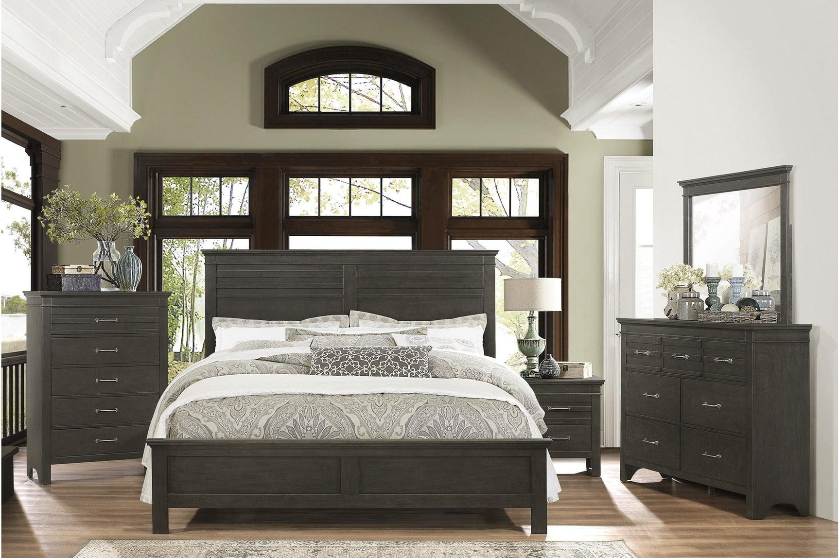Blaire Farm Charcoal Gray Panel Bed bedroom view