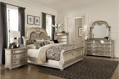 Cavalier Silver Faux Leather Tufted Sleigh King Bed main view
