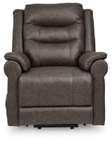 Reclining position of Oatman Umber faux leather power lift recliner