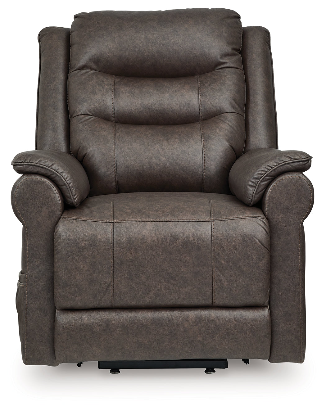 Reclining position of Oatman Umber faux leather power lift recliner