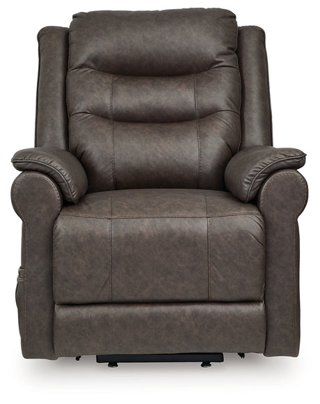 Reclining position of Oatman Umber faux leather power lift recliner