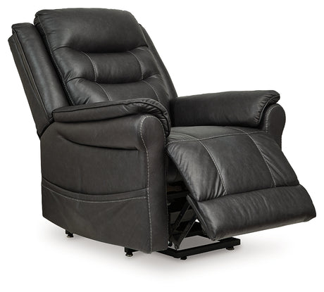 Side angle of Oatman Carbon faux leather power lift recliner