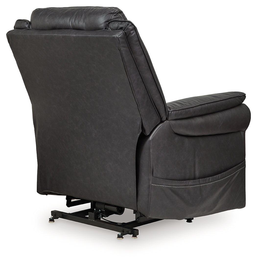 Back view of Oatman Carbon power lift recliner reclined