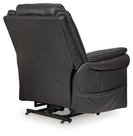 Back view of Oatman Carbon power lift recliner reclined