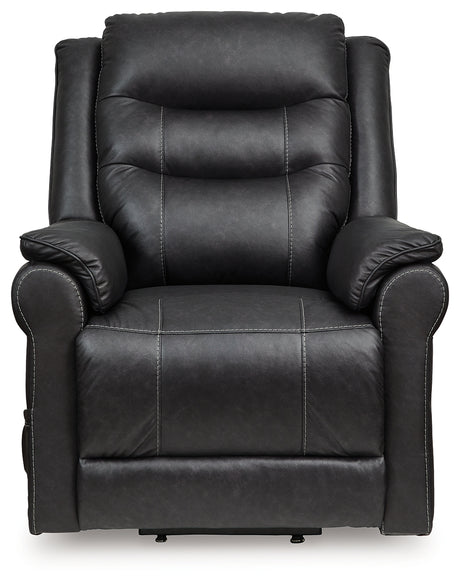 Reclined position of Oatman Carbon faux leather power lift recliner