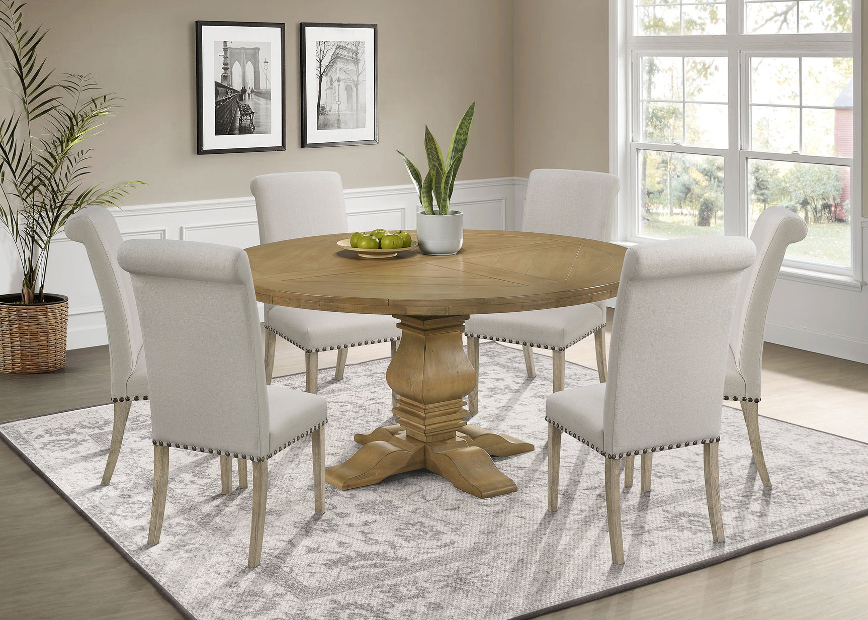 Dining room view of Florence Rustic Honey Round Dining Room Set