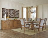 Close-up of pedestal base sculpting on Florence dining table