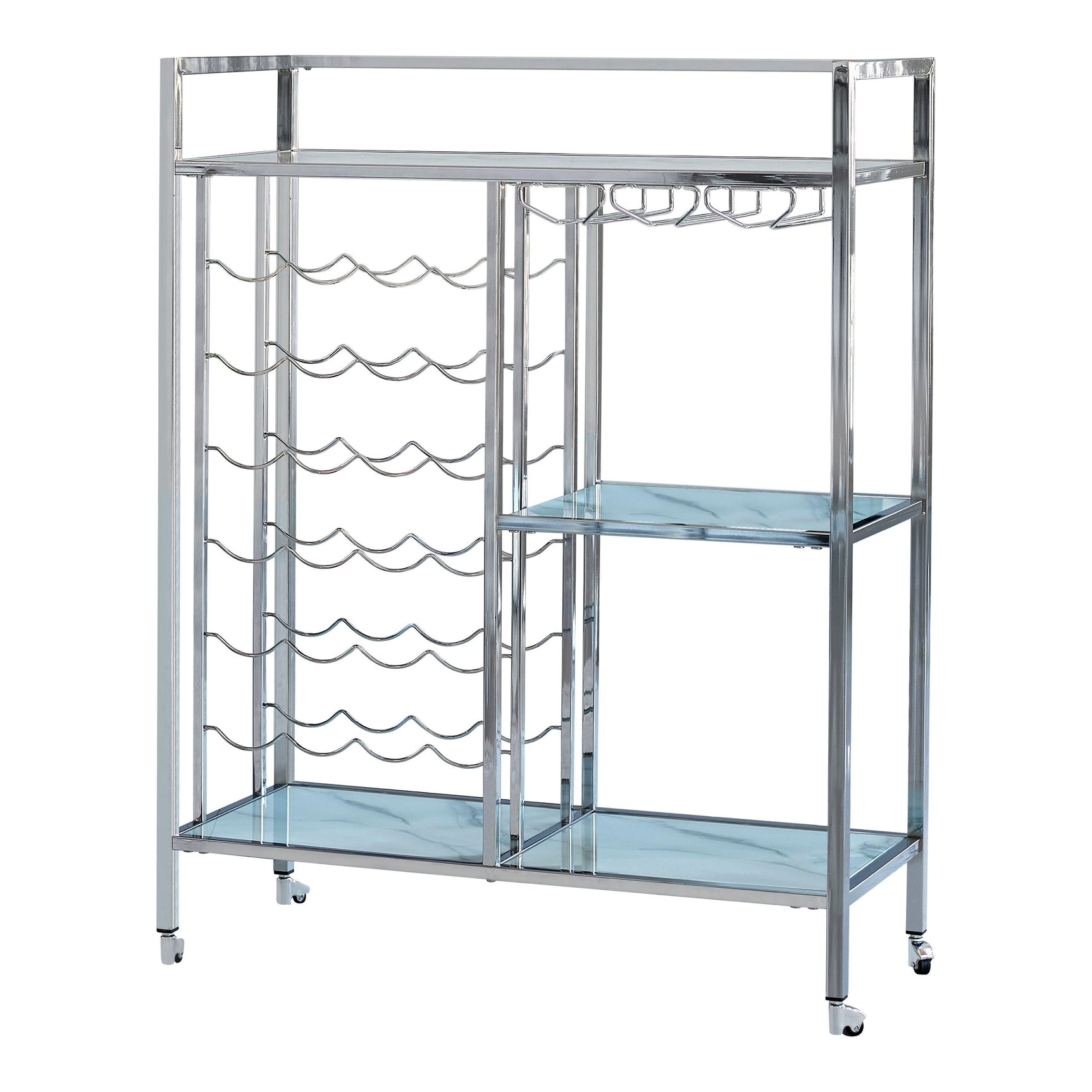 Derion serving cart side angle showing chrome frame and glass shelves