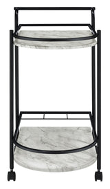Side view of Desiree black bar cart showing metal frame and shelves
