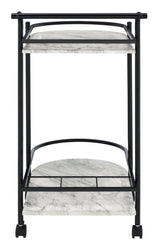 Close-up of top shelf with slim railing on Desiree bar cart