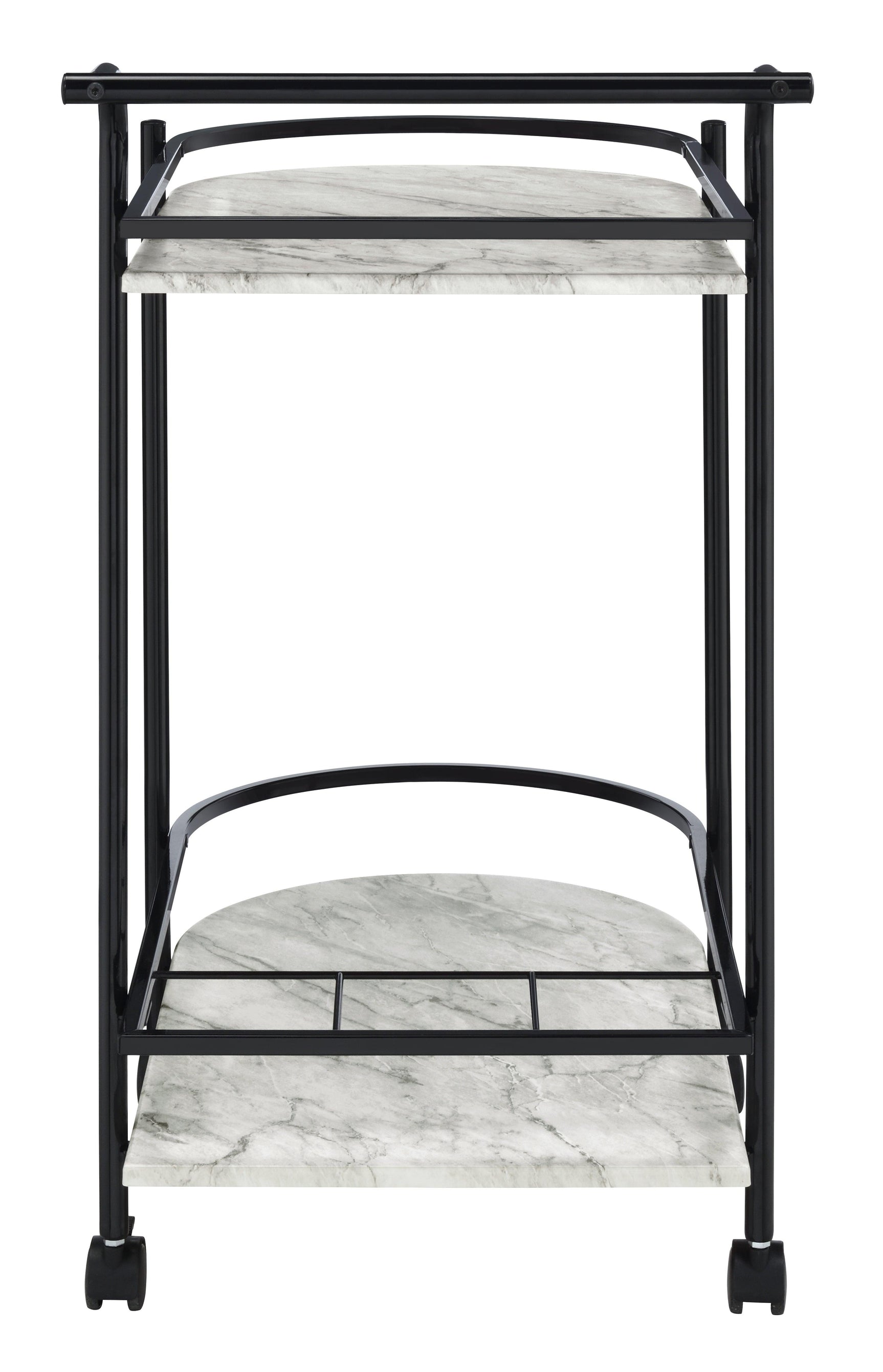 Close-up of top shelf with slim railing on Desiree bar cart