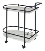 Bar cart's wine rack holding bottles in black metal frame