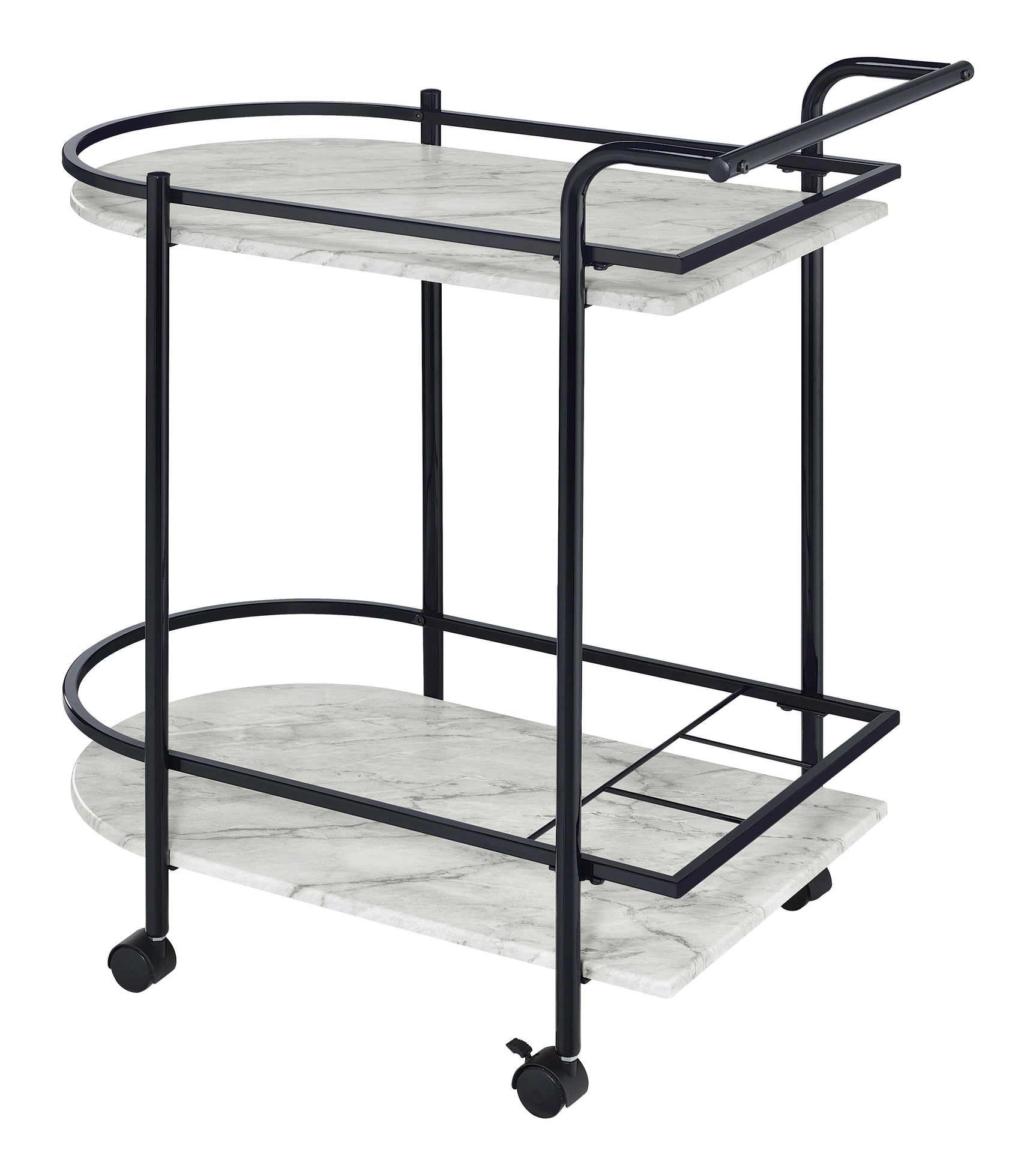 Bar cart's wine rack holding bottles in black metal frame