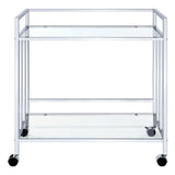 Close-up of Cara Bar Cart chrome metal frame and glass shelves