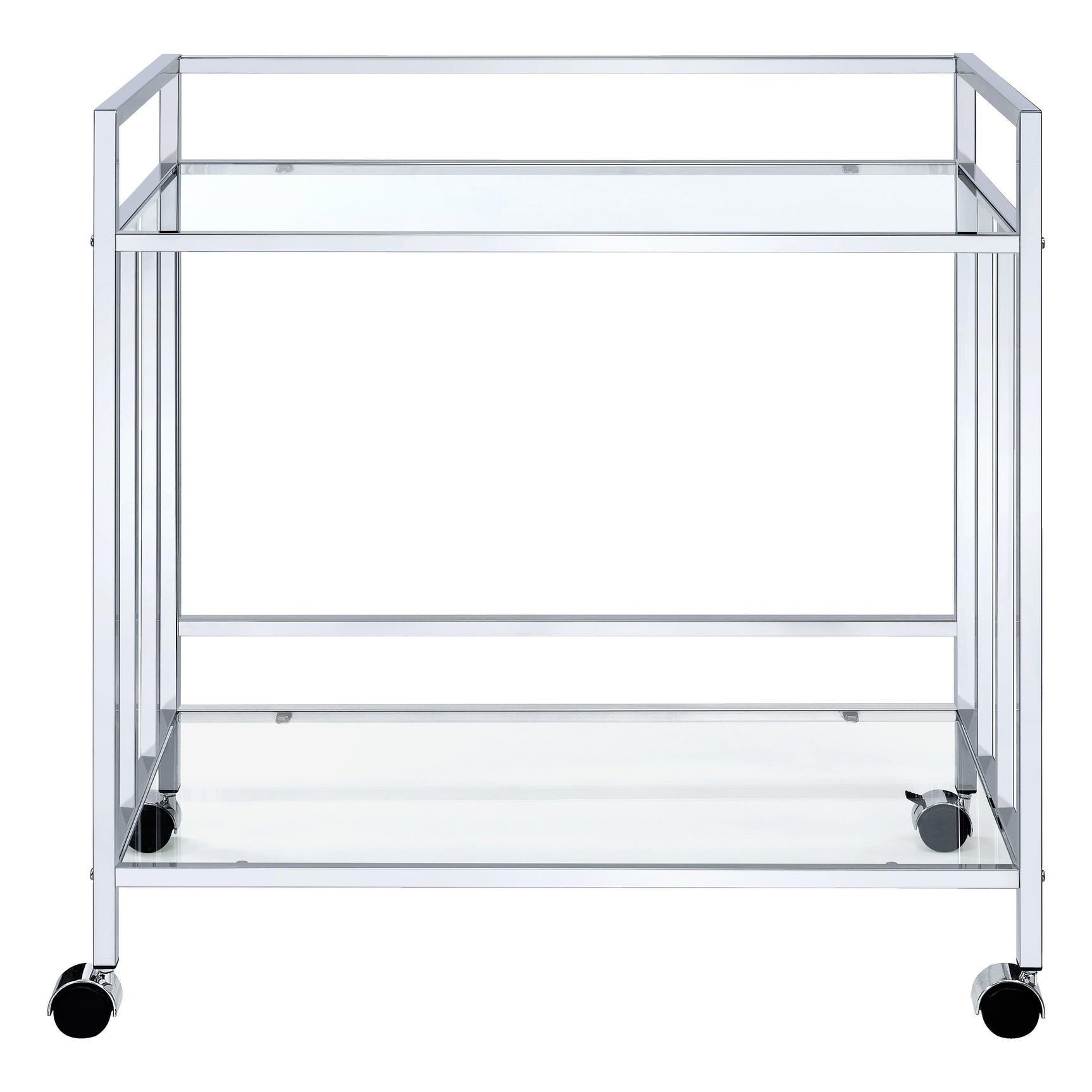 Close-up of Cara Bar Cart chrome metal frame and glass shelves