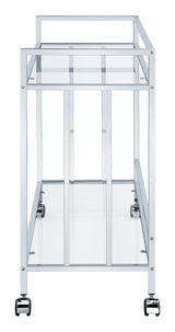 Cara Bar Cart showing caster wheels and glass shelves