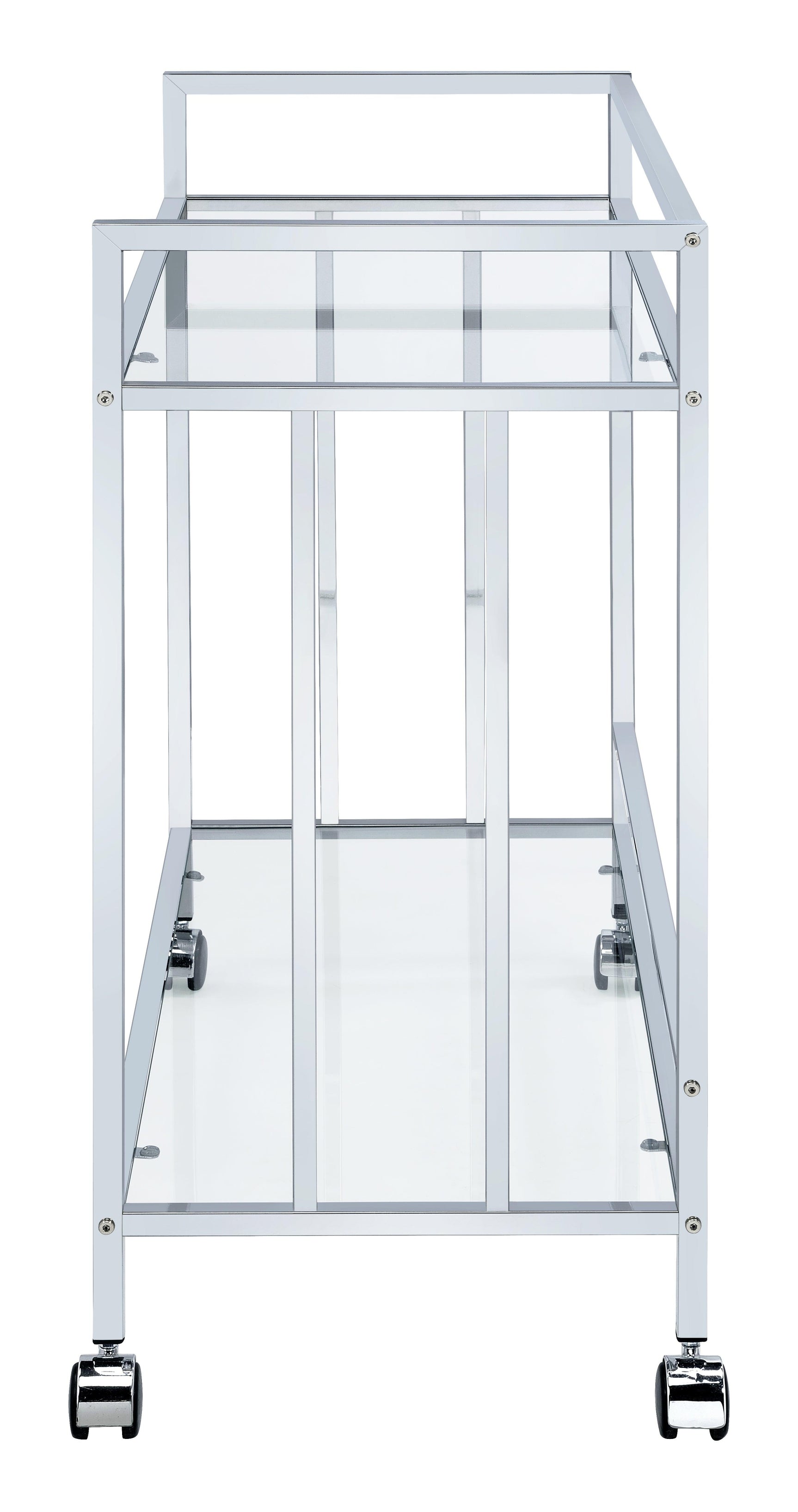 Cara Bar Cart showing caster wheels and glass shelves