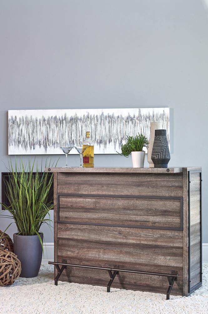 Rustic bar unit aged oak side angle showing shelves