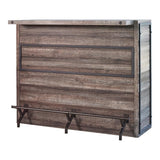 Close-up of aged oak wood finish and metal accents on bar unit