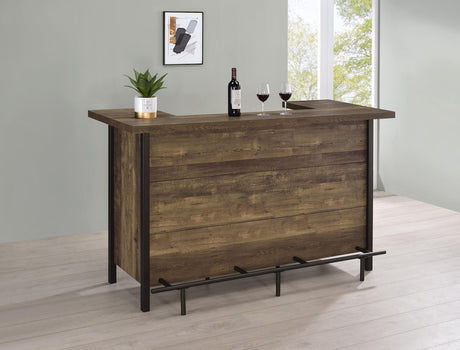 Side angle of Bellemore rustic oak bar unit showing storage compartments